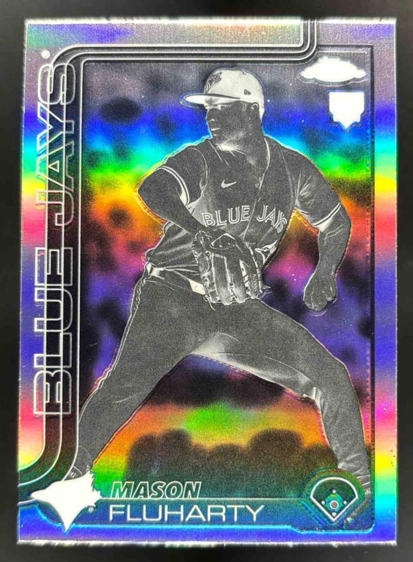 Card image for 2025 Topps Chrome Update Mason Fluharty Negative Refractor #USC161 RC Blue Jays