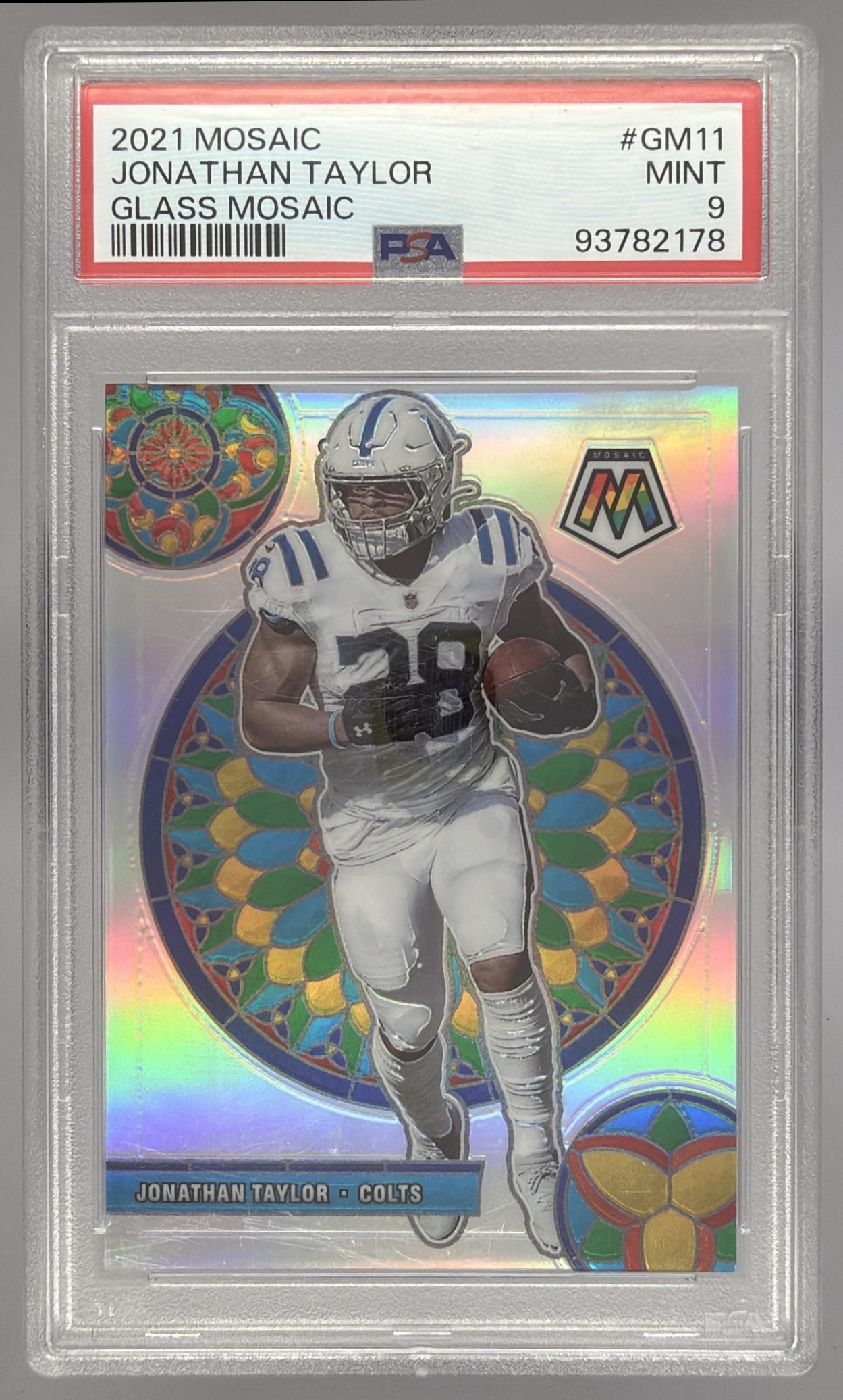 Card image for 2021 Panini Mosaic Jonathan Taylor Glass Mosaic #GM-11 Colts