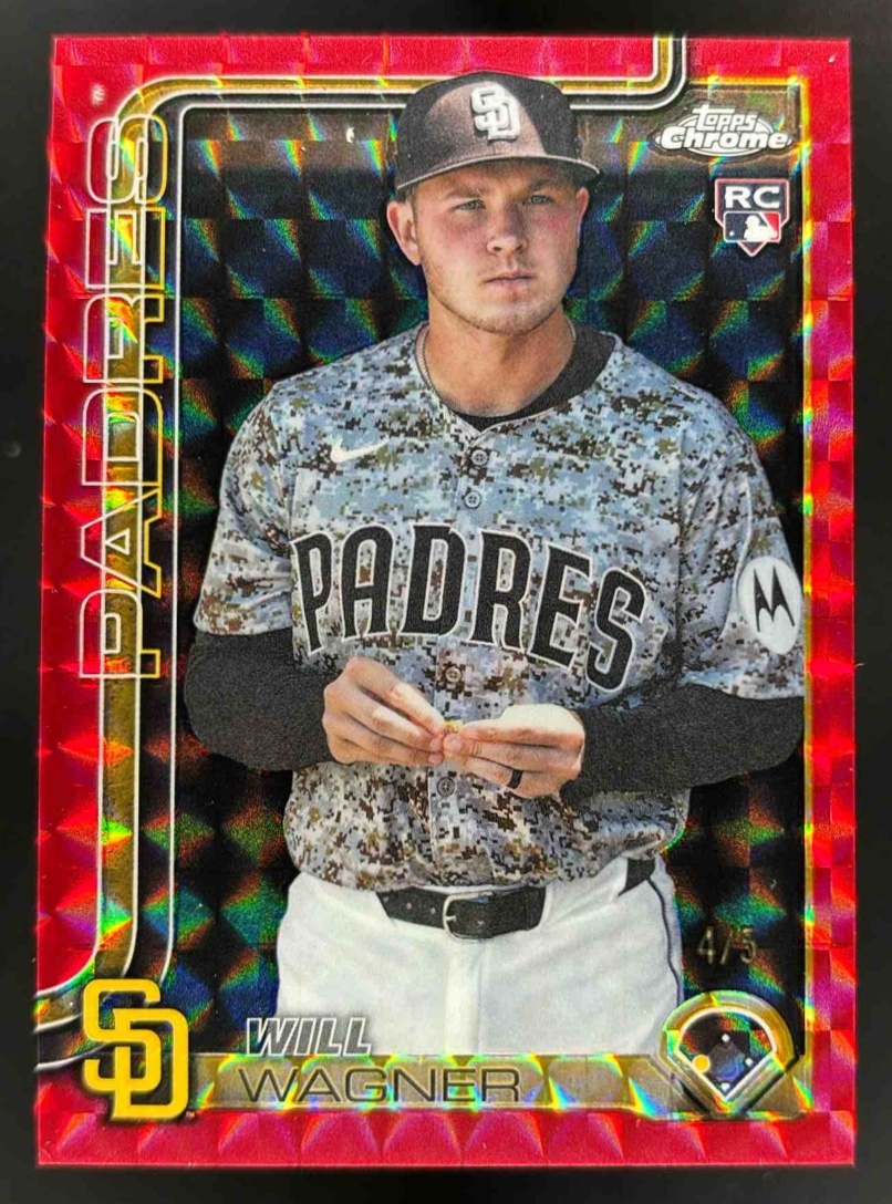 Card image for 2025 Topps Chrome Update Will Wagner Red Geometric Refractor /5 RC