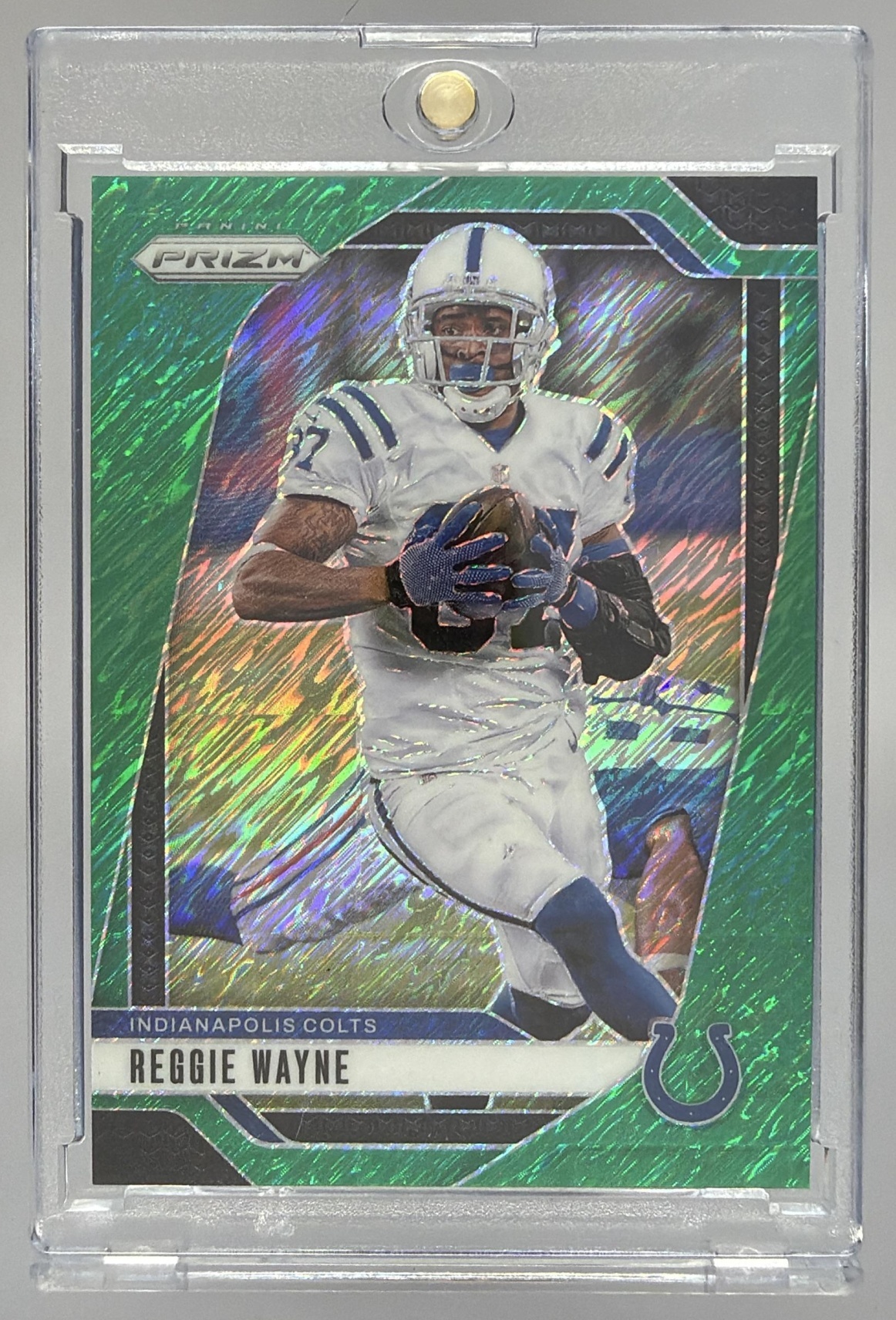 Card image for 2024 Panini Football Prizm Reggie Wayne Green Shimmer /5 #128 Indianapolis Colts