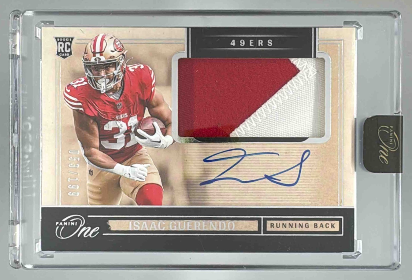 Card image for 2024 Panini One Isaac Guerendo Rookie Patch Auto /199 #25 MEM RC 49ers