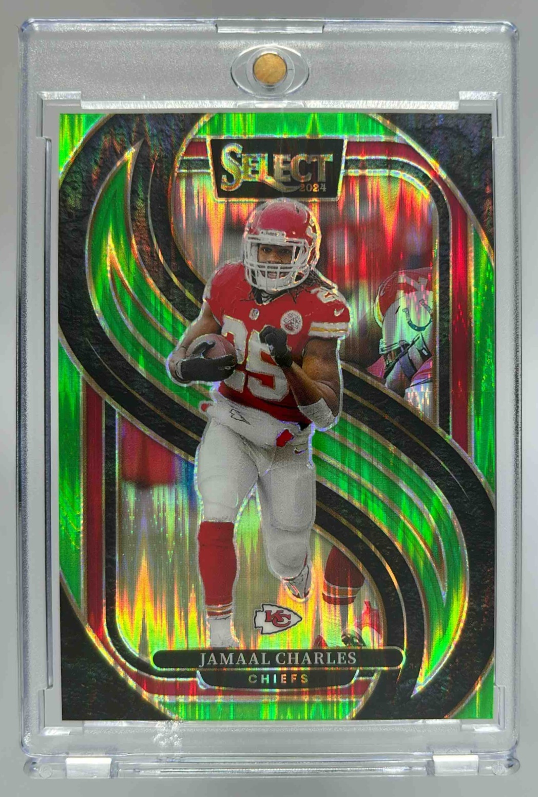 Card image for 2024 Panini Select Jamaal Charles Premier Neon Green Prizm Shock /499 #166 Chiefs
