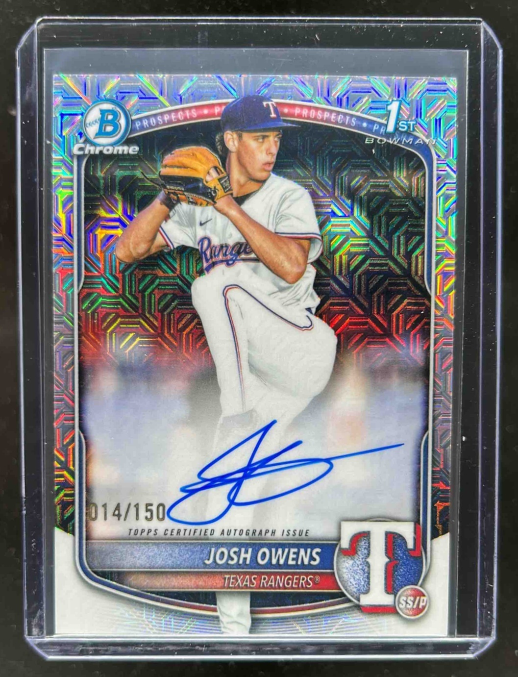 Card image for Josh Owens 2025 Bowman Draft Chrome Prospect Auto HTA Choice Refractor /150