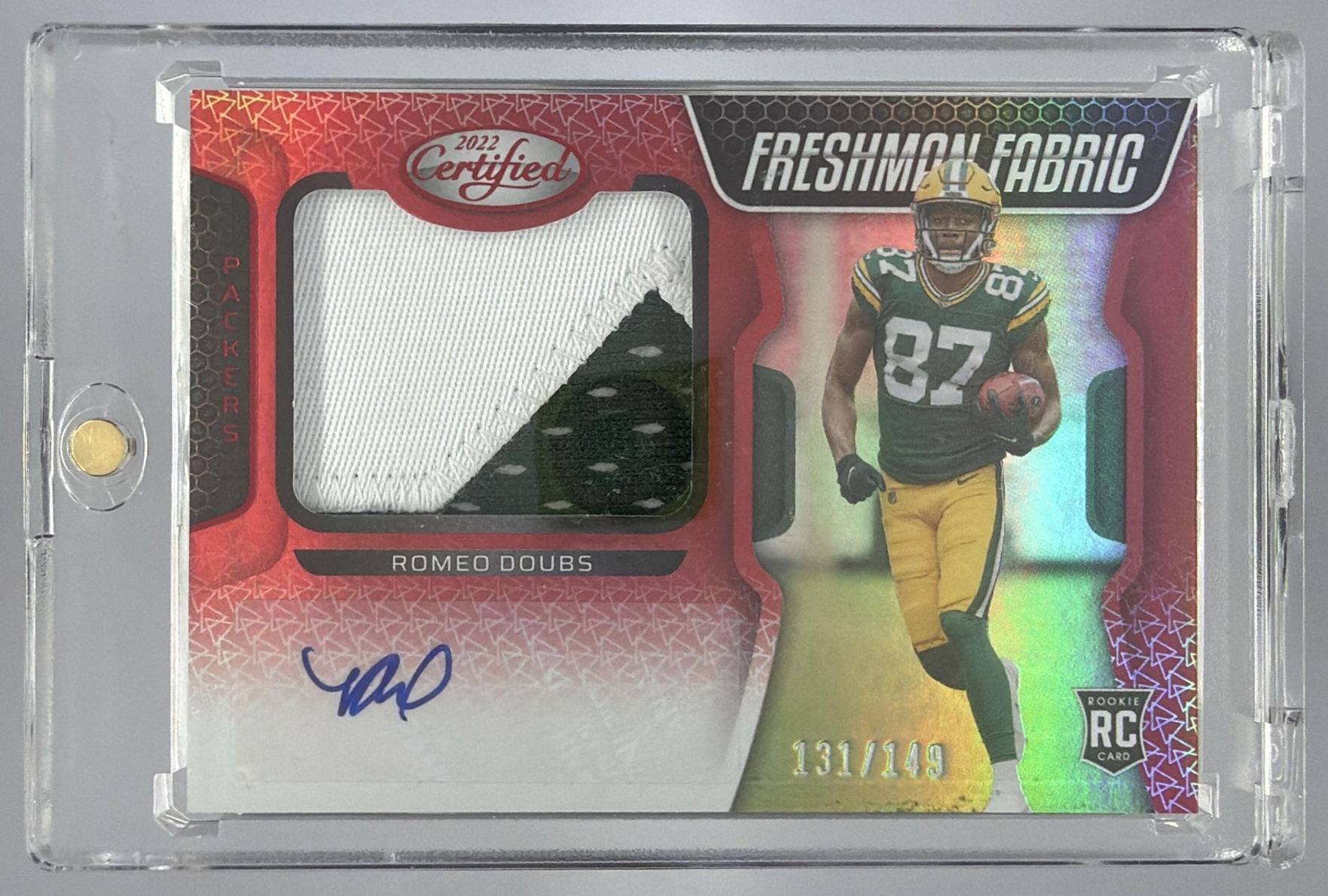 Card image for 2022 Panini Certified Romeo Doubs Mirror Red /149 #234 MEM Auto RC Freshman Fabric Packers