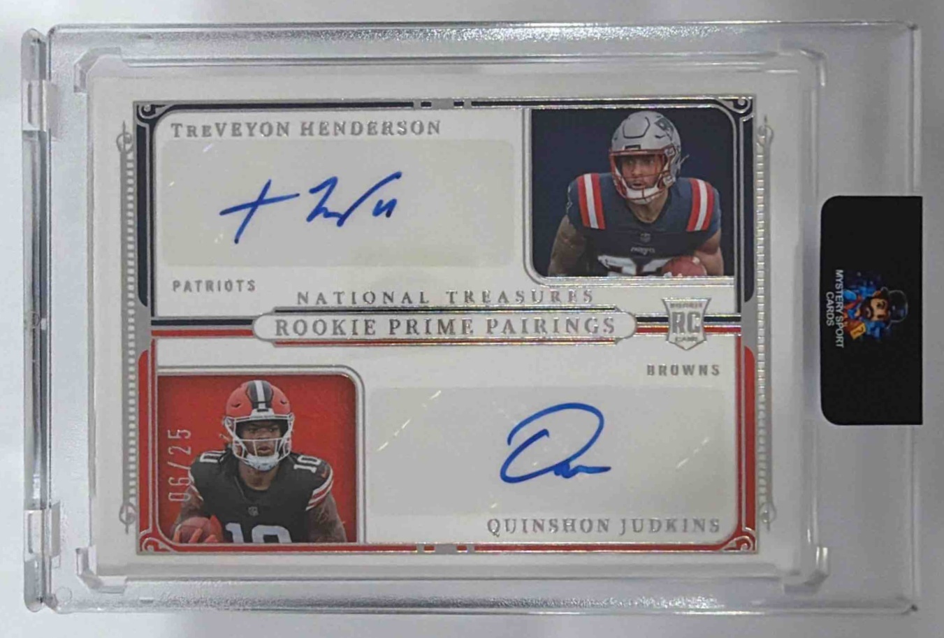 Card image for 2025 Panini National Treasures Quinshon Judkins Henerson /25 RC Auto Browns Patriots
