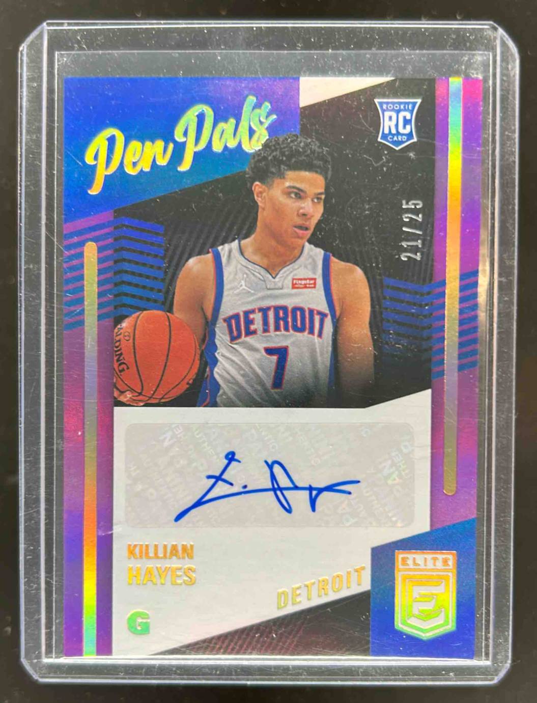 Card image for 2020-21 PANINI DONRUSS ELITE KILLIAN HAYES #PP-KLH PEN PALS PURPLE /25 RC AUTO