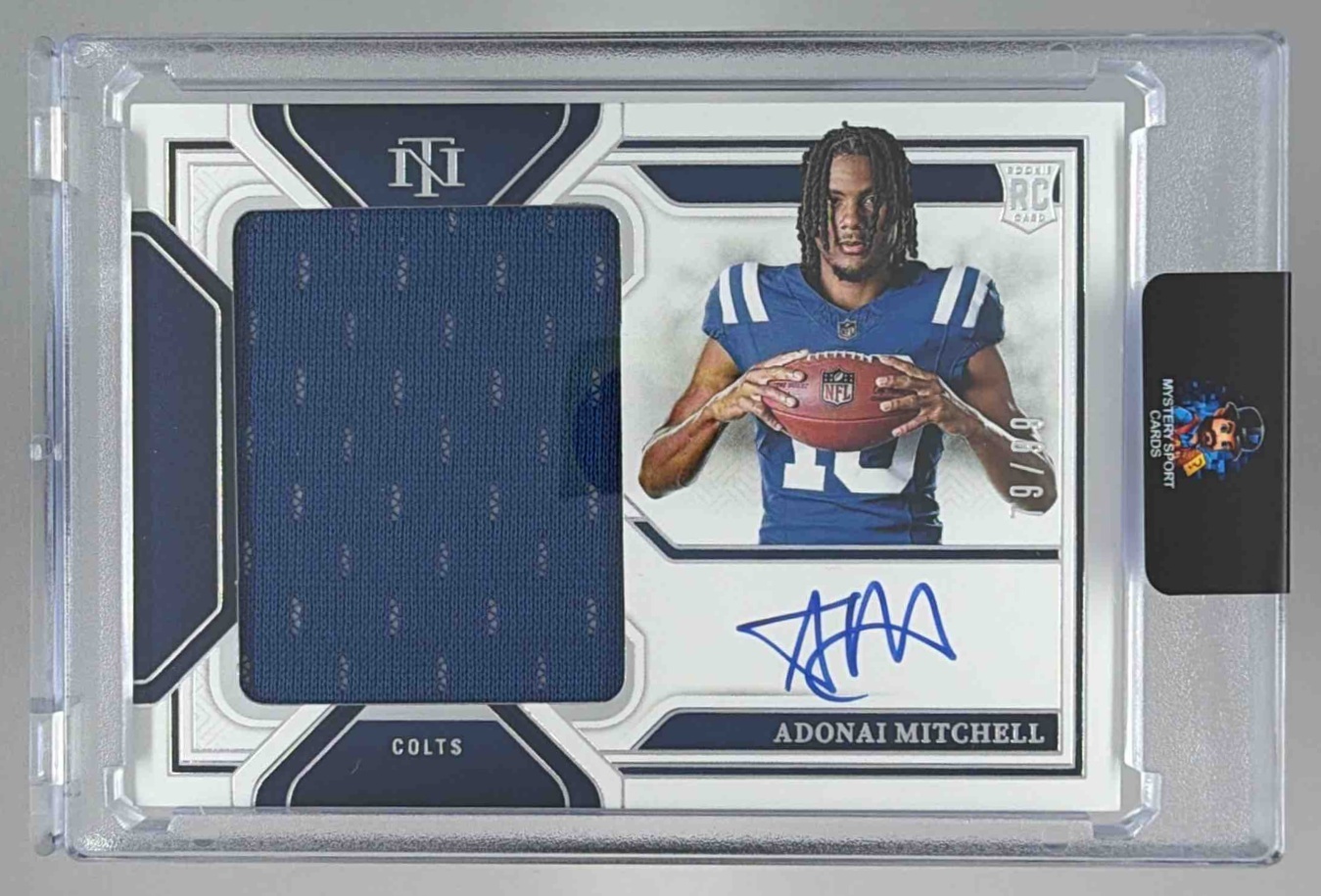 Card image for 2025 Panini National Treasures Adonai Mitchell 2024 Playoff Football Rookie Material Signatures RPS #1 Auto Colts