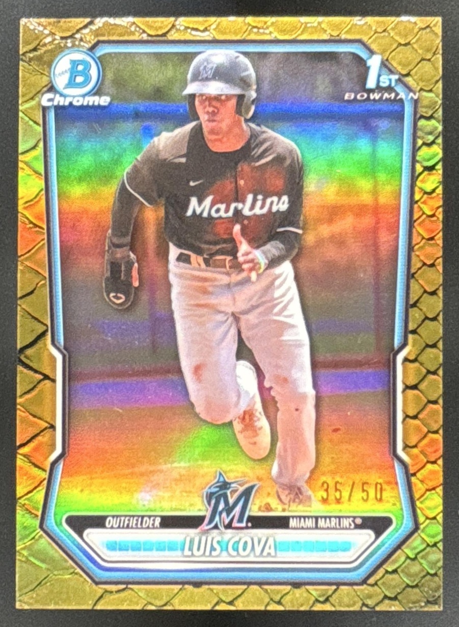 Card image for 2026 Bowman Luis Cova Chrome Reptilian Gold Refractor /50 1st Prospect