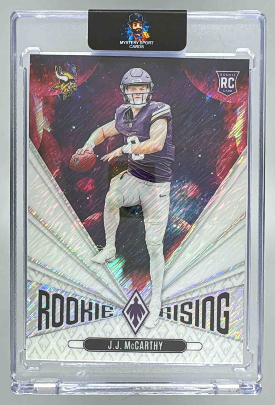 Card image for 2024 Panini Phoenix J.J. McCarthy Rookie Rising #RR-JMY RC Vikings