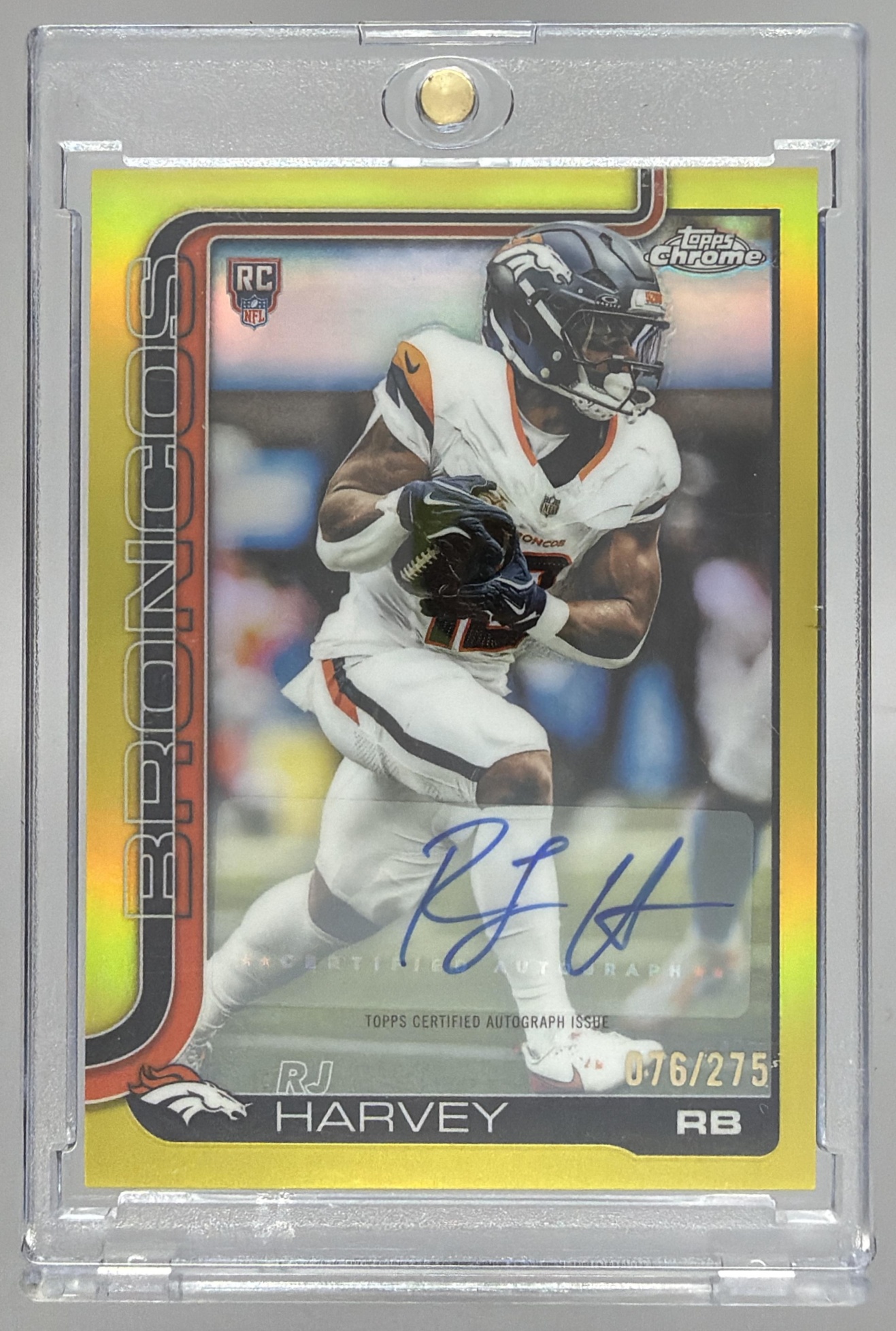 Card image for 2025 Topps Chrome RJ Harvey Rookie Auto Yellow Refractor /275 #RA-RH RC Broncos