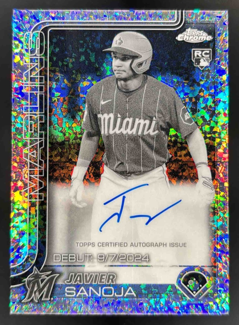Card image for 2025 Topps Chrome Update Javier Sanoja RC Debut Black & White Mini Diamond Auto