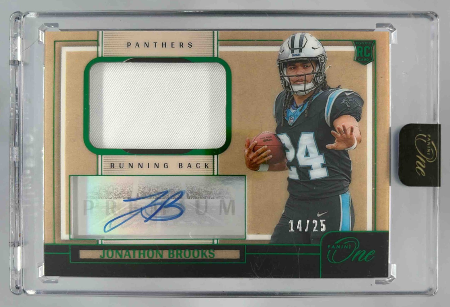 Card image for 2024 Panini One Jonathon Brooks Premium Rookie Patch Auto Green /25 #113 MEM RC Panthers