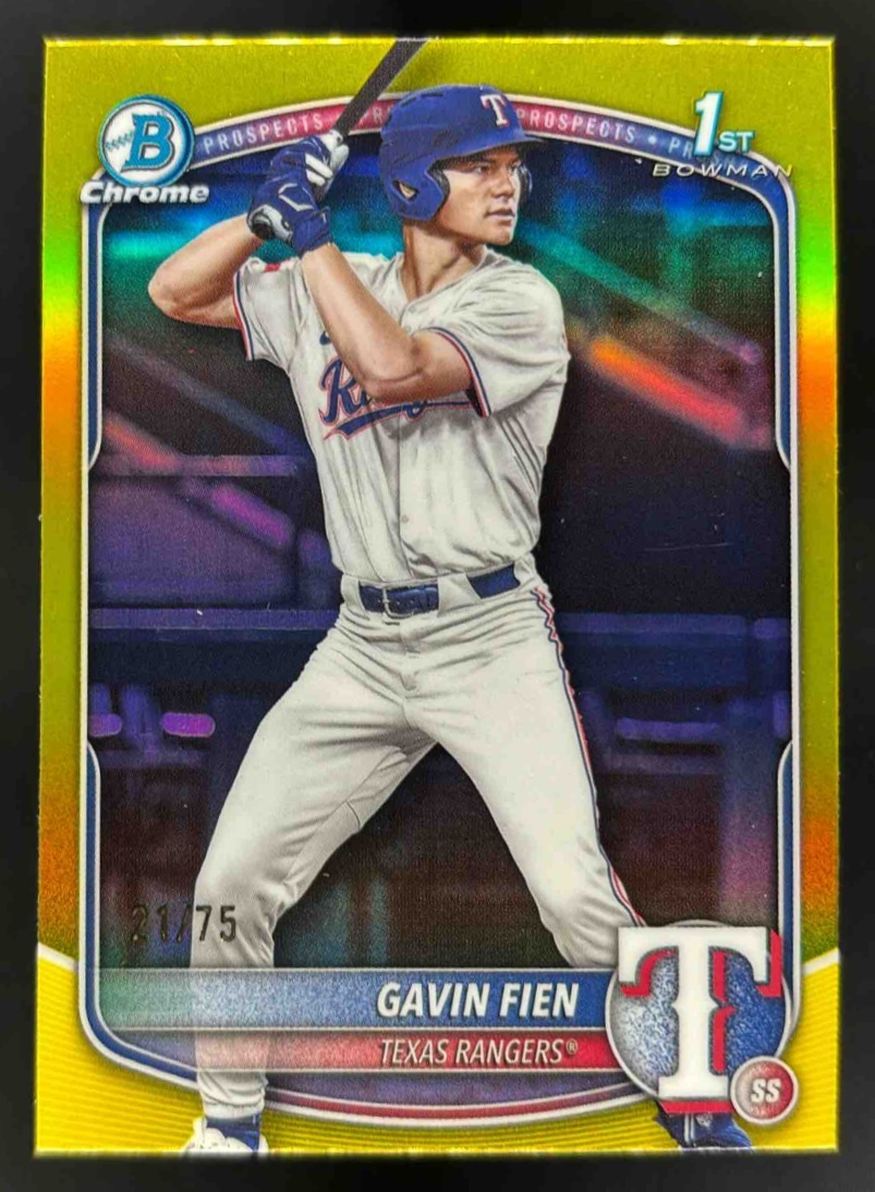Card image for 2025 Bowman Draft Gavin Fien Chrome Yellow Refractor /75 #BDC-15 Rangers