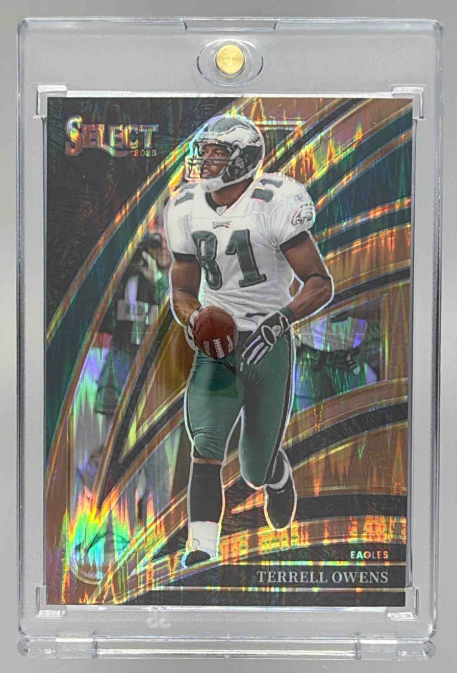 Card image for 2025 Panini Select Terrell Owens Club Level Copper Prizm Shock /899 #300 Eagles