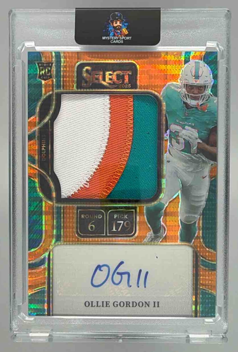 Card image for 2025 Panini Select Ollie Gordon II Prime Selections Signatures Neon Orange Pulsar Prizm /45 #PSS-OGN Auto Dolphins