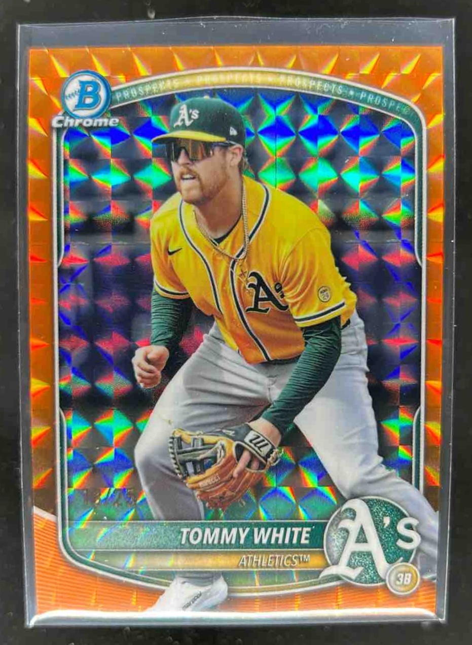Card image for Tommy White 2025 Bowman Draft Chrome Orange Geometric Refractor /25
