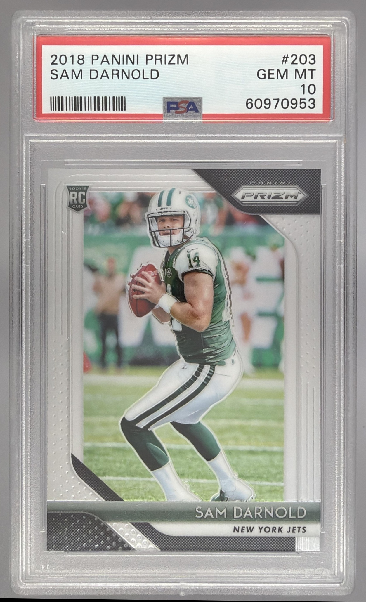 Card image for 2018 Panini Football Prizm Sam Darnold Green #203 RC New York Jets