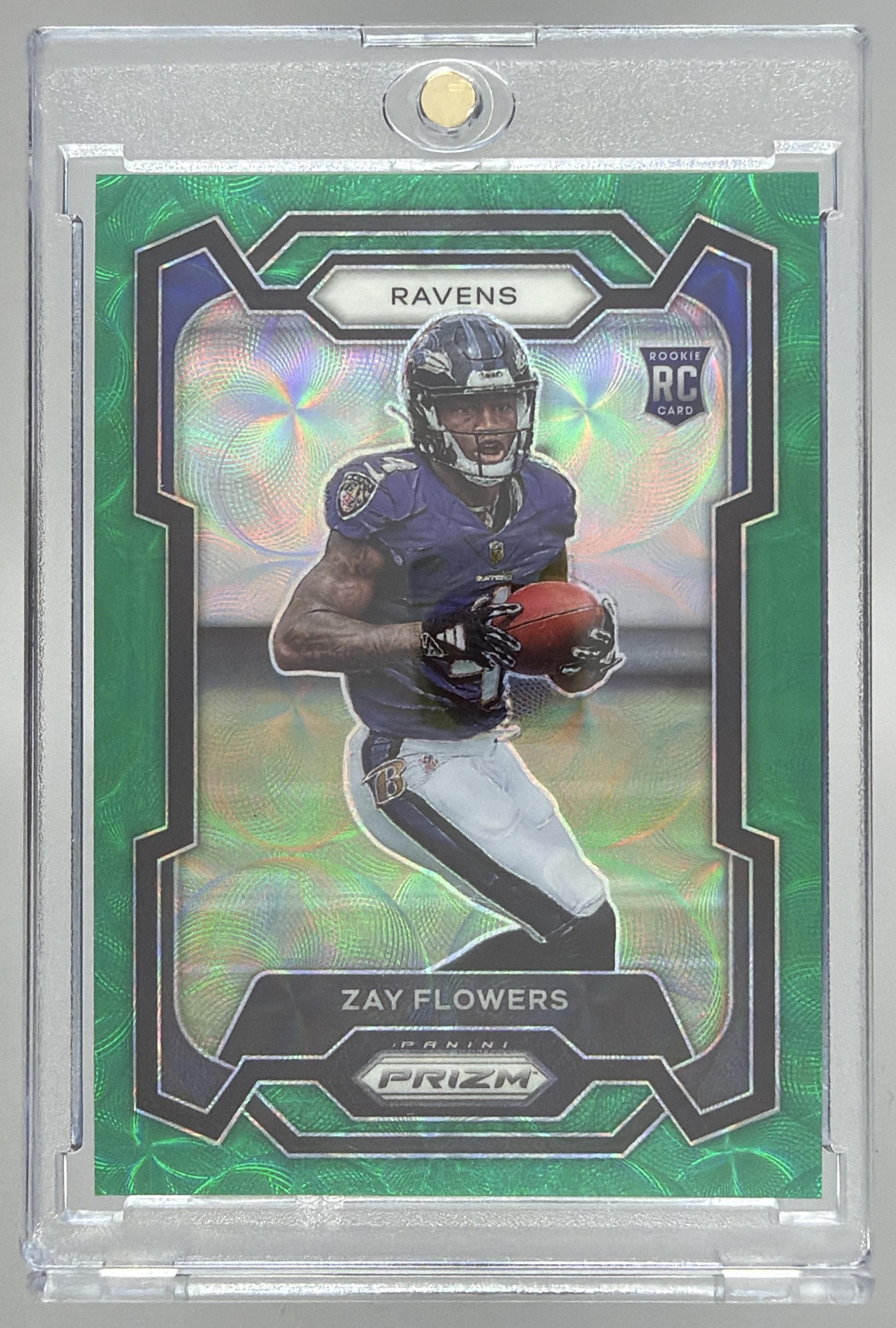 Card image for 2023 Panini Football Prizm Zay Flowers Green Scope /75 #307 RC Baltimore Ravens