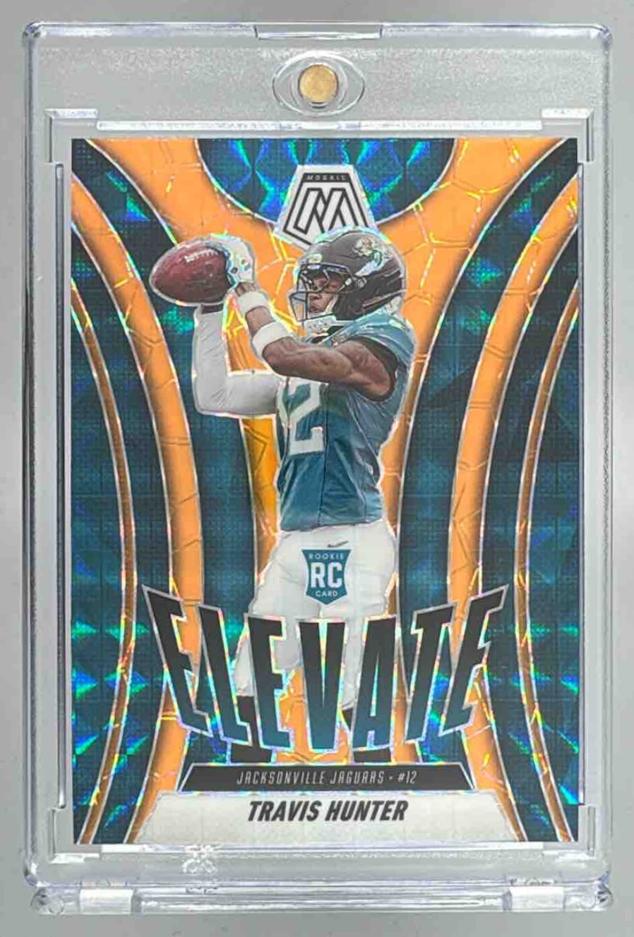 Card image for 2025 Panini Mosaic Travis Hunter Elevate Orange Fluorescent Prizm #1 RC Jaguars