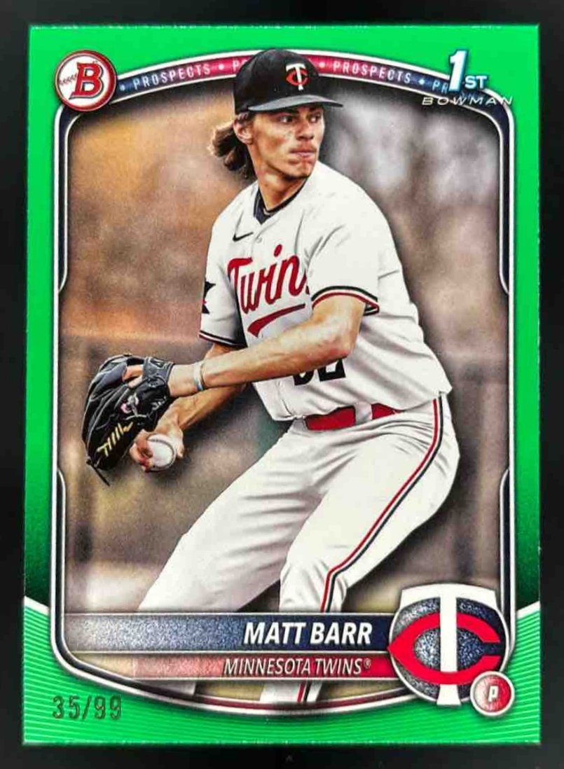Card image for 2025 Bowman Draft Matt Barr Green Border /99 #BD-154 Twins