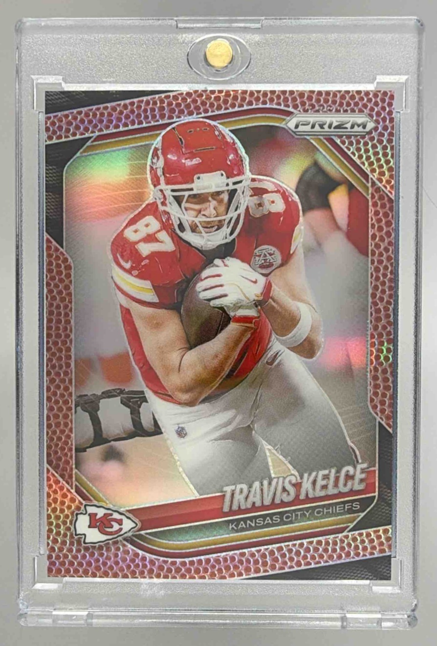 Card image for 2025 Panini Football Prizm Travis Kelce Pigskin /180 #67 Kansas City Chiefs