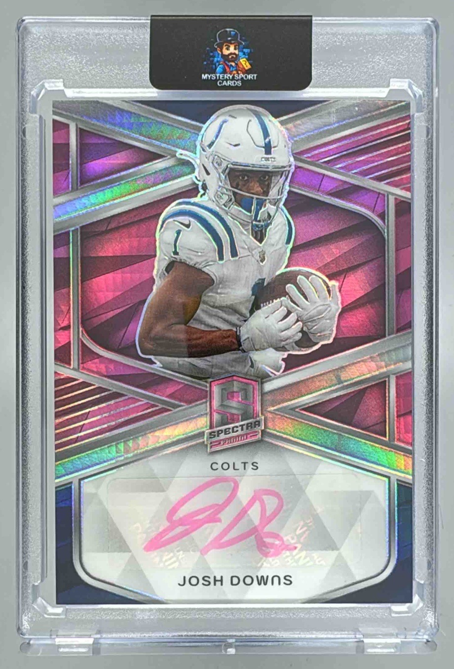 Card image for 2024 Panini Spectra Josh Downs Signatures Pink Neon /15 #SIG-JDS Auto Colts