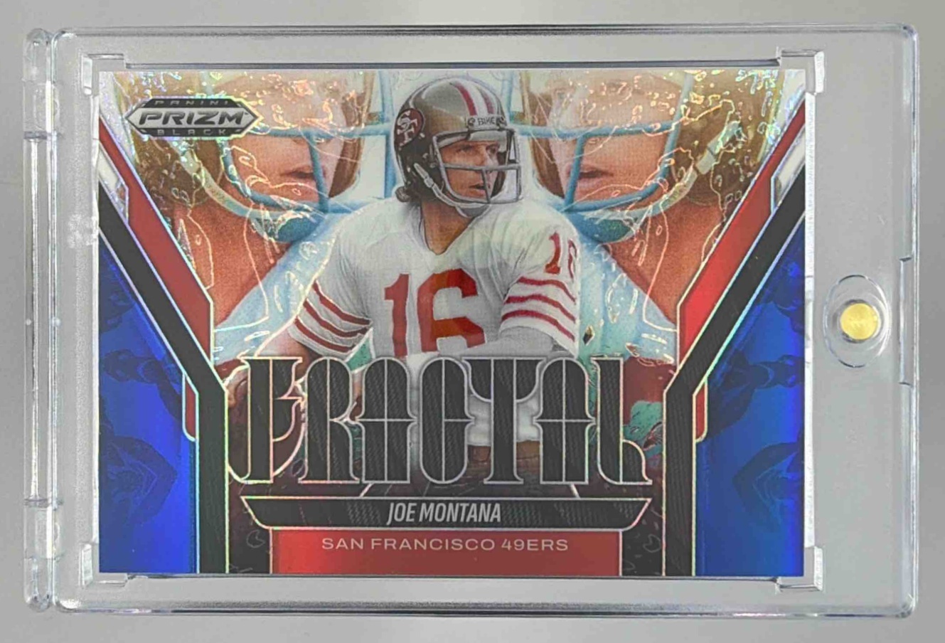 Card image for 2025 Panini Prizm Black Joe Montana Fractal Blue /199 #5 49ers