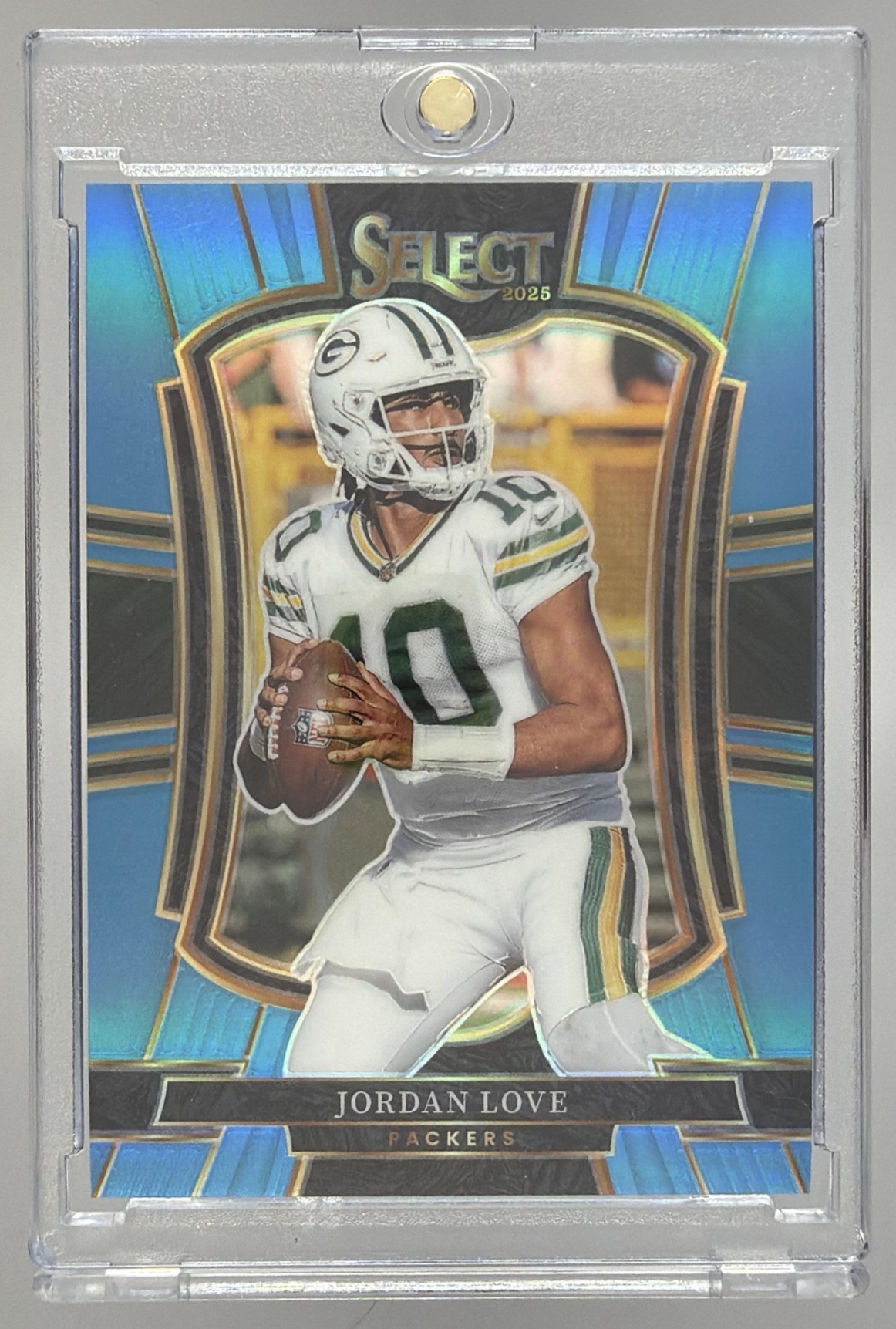Card image for 2025 Panini Select Jordan Love Premier Level Light Blue Prizm /99 #168 Packers