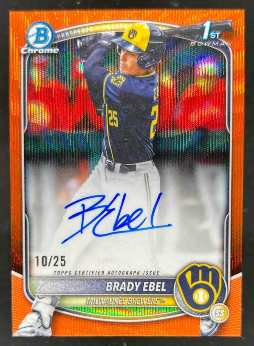 Card image for Brady Ebel 2025 Bowman Draft Chrome Prospect Auto Orange Simmer Refractor /25