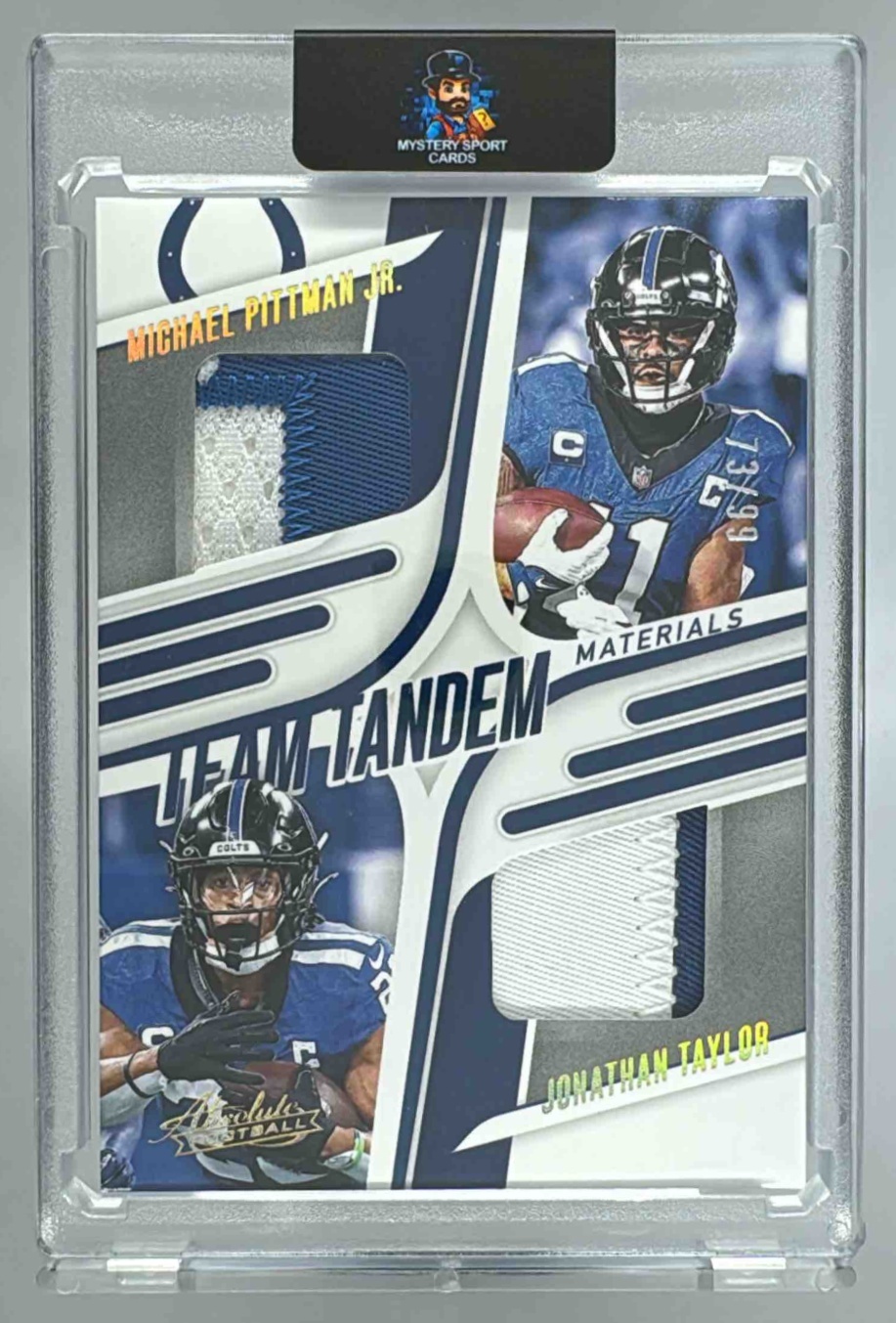 Card image for 2025 Panini Absolute Michael Pittman Jr. Jonathan Taylor Team Tandem Materials Gold /99 #TTM-IND Colts