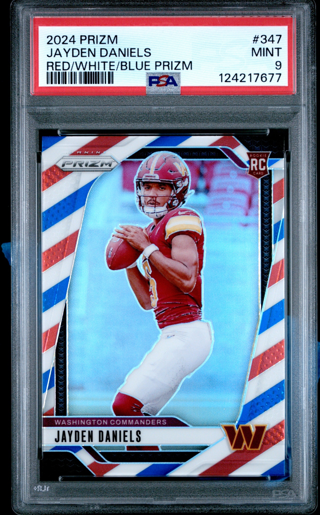 Card image for 2024 Panini Prizm Jayden Daniels Red White and Blue #347 RC Commanders
