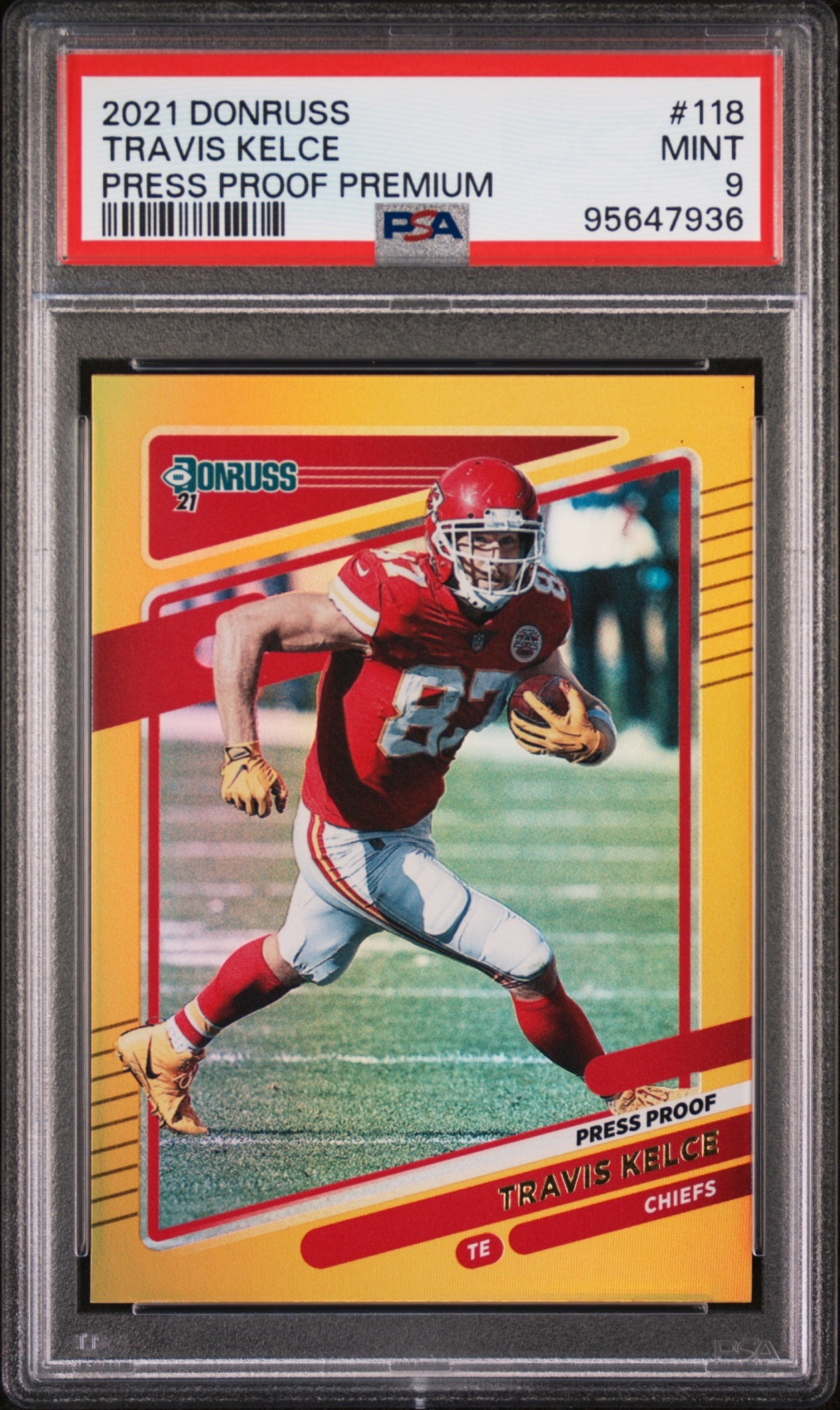 Card image for 2021 Panini Donruss Travis Kelce Press Proof Premium #118 Chiefs