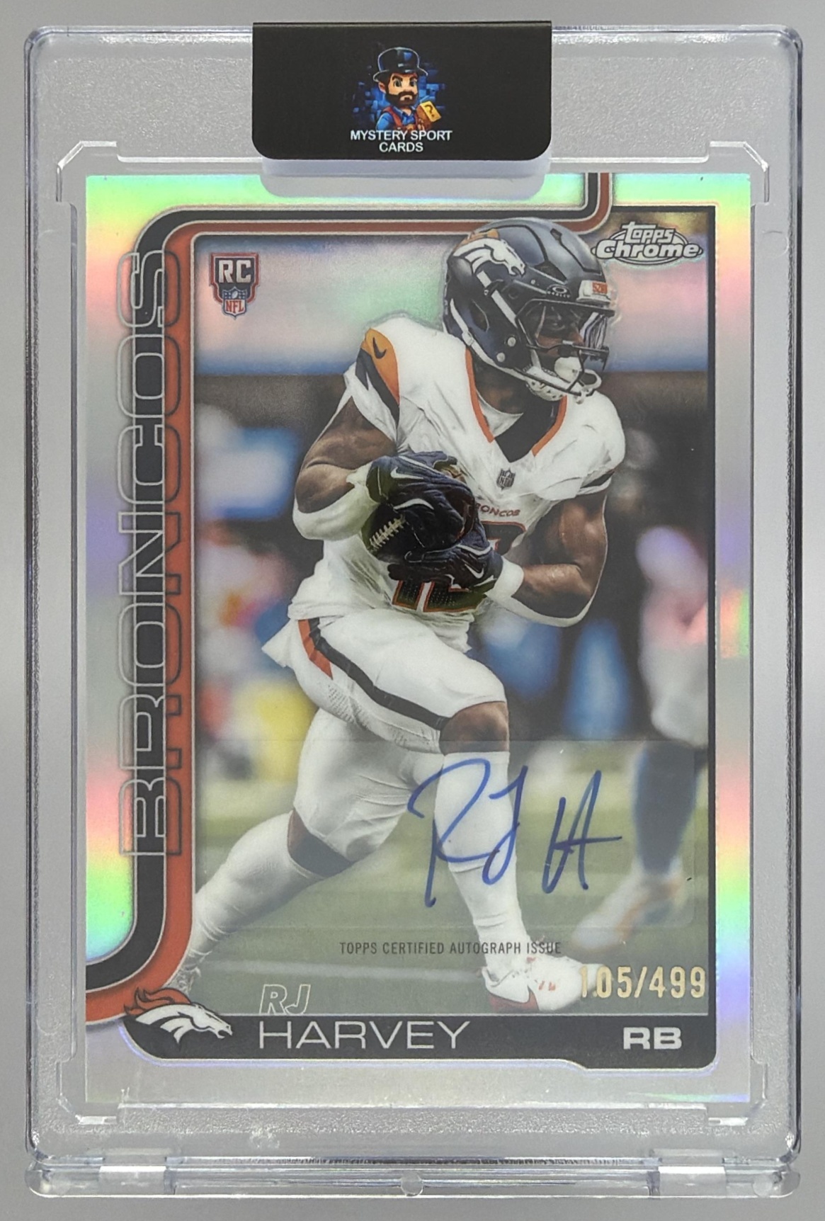 Card image for 2025 Topps Chrome RJ Harvey Rookie Auto Refractor /499 #RA-RH RC Broncos