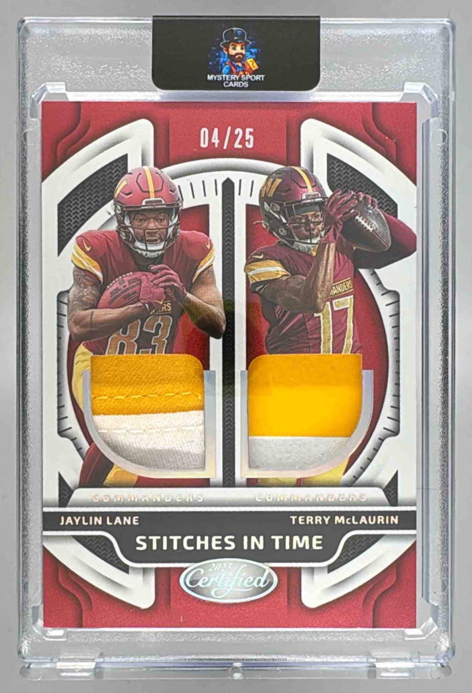 Card image for 2025 Panini Certified Jaylin Lane Terry McLaurin Stitches in Time Dual Mirror Etch Red /25 #SITD-JLTM MEM Commanders