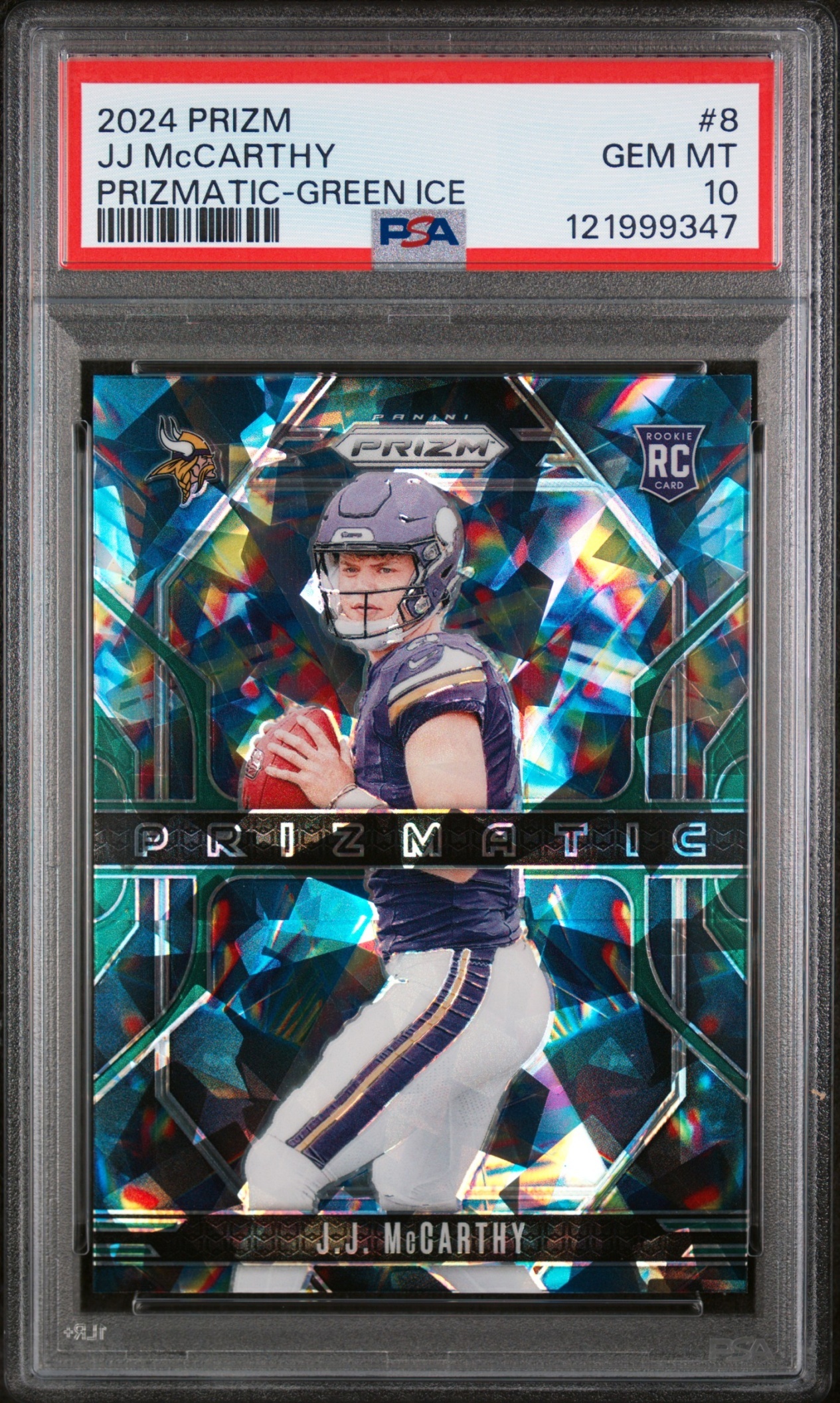 Card image for 2024 Panini Prizm J.J. McCarthy Prizmatic Green Ice #8 RC Vikings