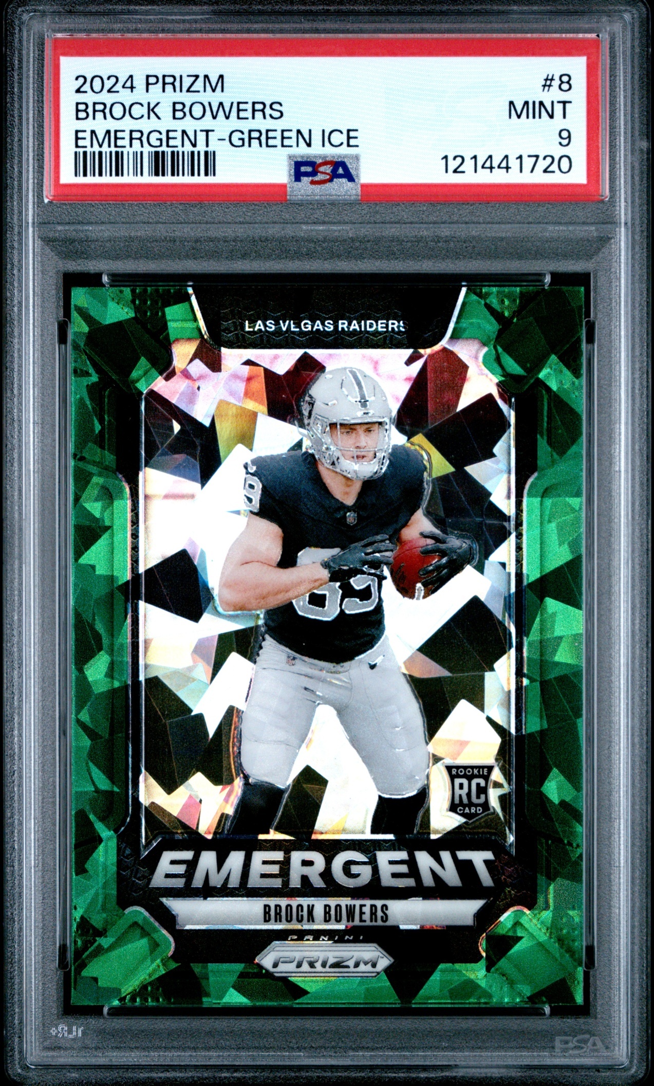Card image for 2024 Panini Prizm Brock Bowers Emergent Green Ice #8 RC Raiders