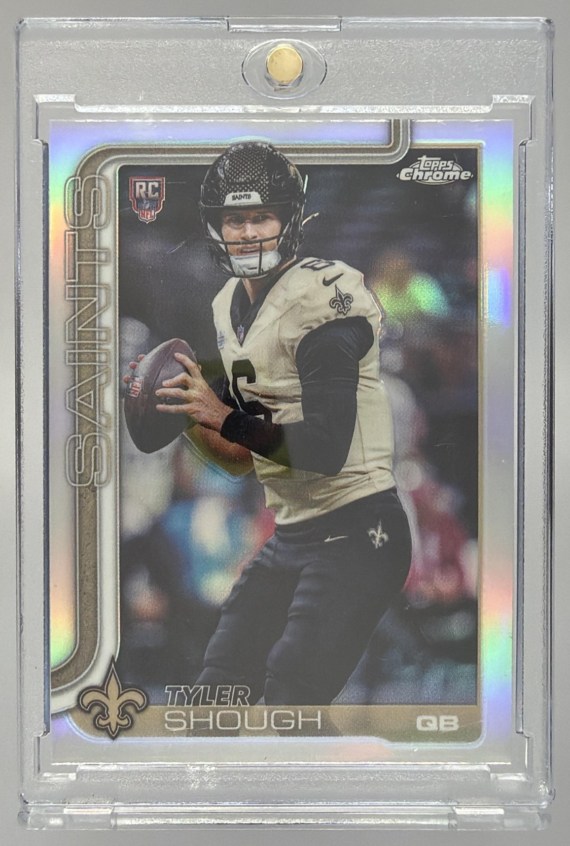 Card image for 2025 Topps Chrome Tyler Shough Rookie Refractor #398 RC Saints