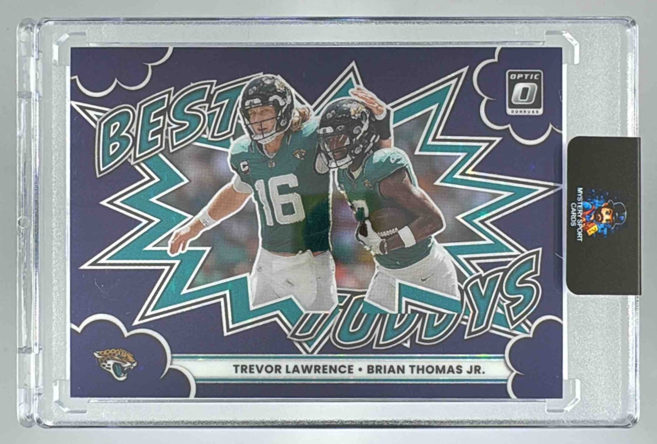 Card image for 2025 Panini Donruss Optic Brian Thomas Jr. Trevor Lawrence Best Tuddys Purple Stars Prizm /25 #10 Jaguars