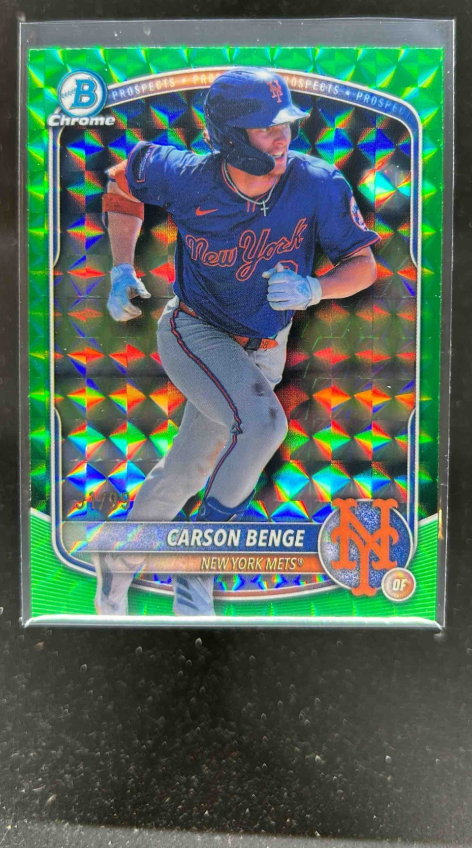 Card image for Carson Benge 2025 Bowman Baseball Draft Chrome Green Geometric /99 New York Mets