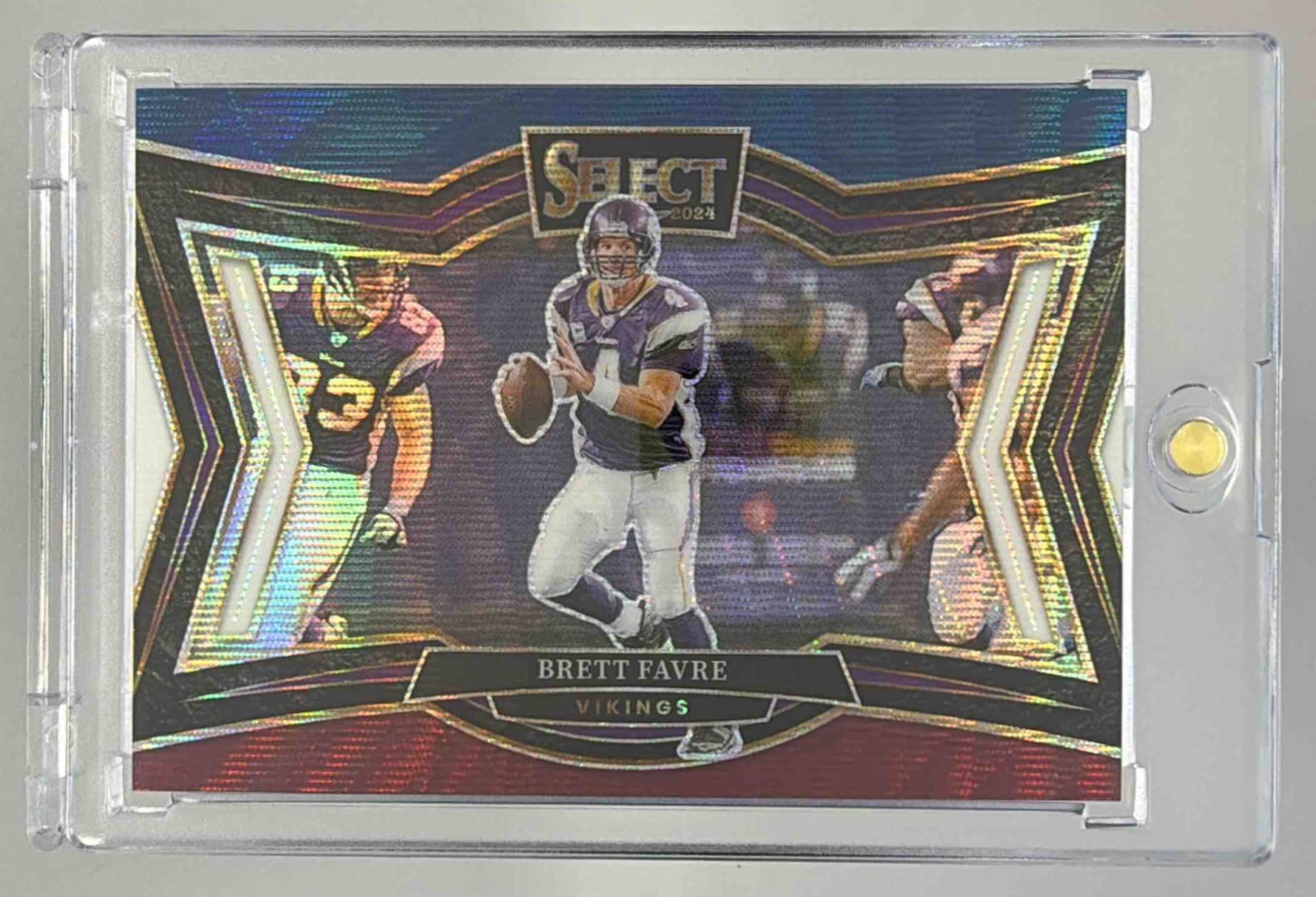 Card image for 2024 Panini Select Brett Favre Field Tri-Color Prizm /99 #411 Vikings