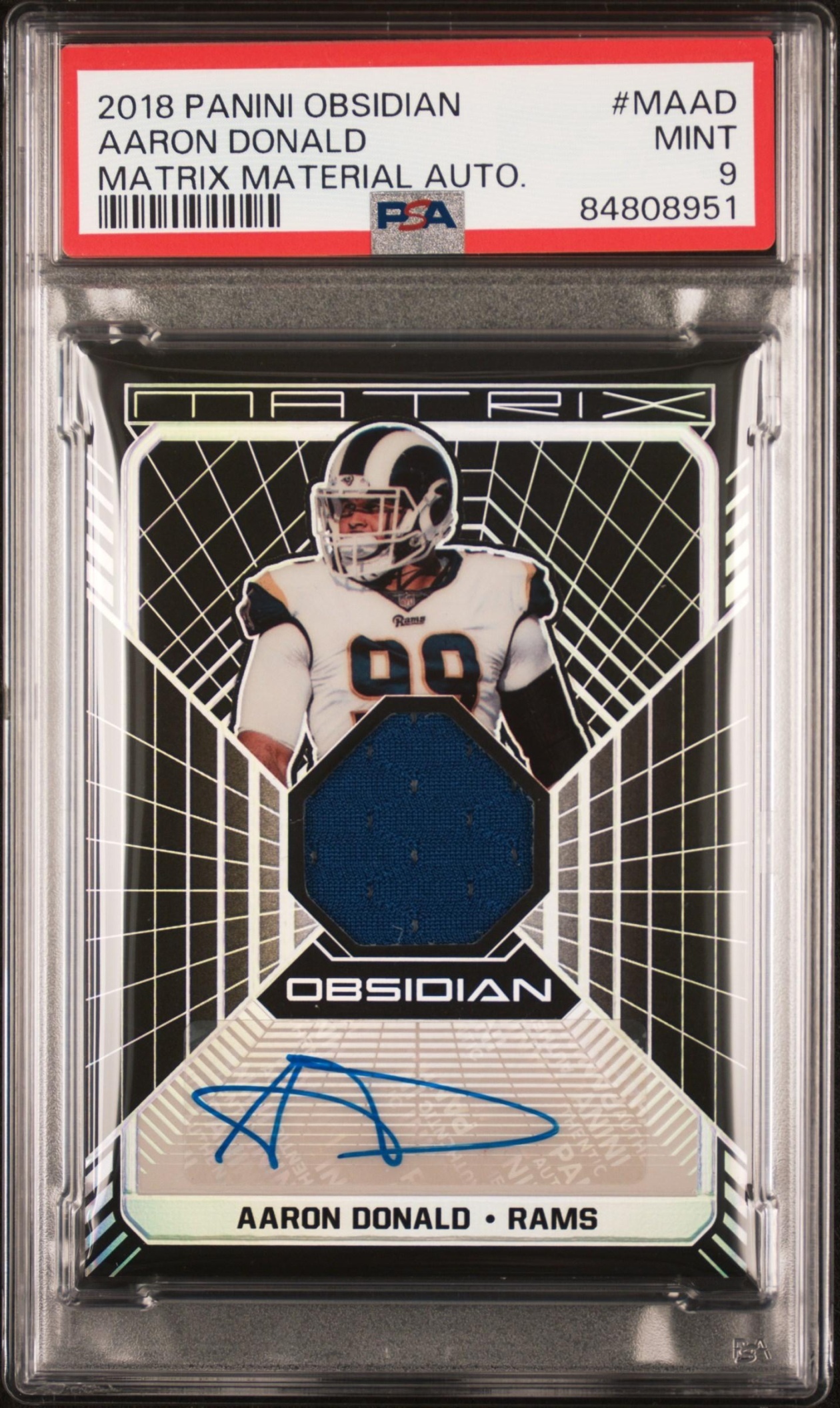 Card image for 2018 Panini Obsidian Aaron Donald Matrix Material Auto /35 #MA-AD Rams