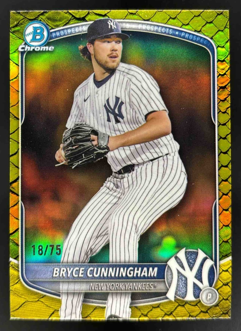 Card image for 2025 Bowman Draft Bryce Cunningham Chrome Yellow Reptilian Refractor /75