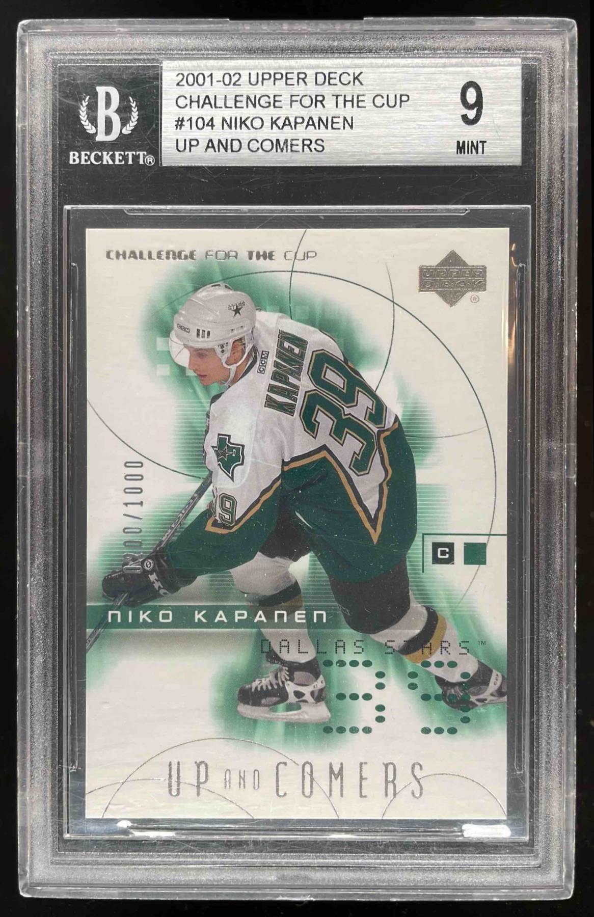 Card image for 2001-02 Upper Deck Challenge for the Cup Niko Kapanen /1000 #104 RC BGS 9 Rookie