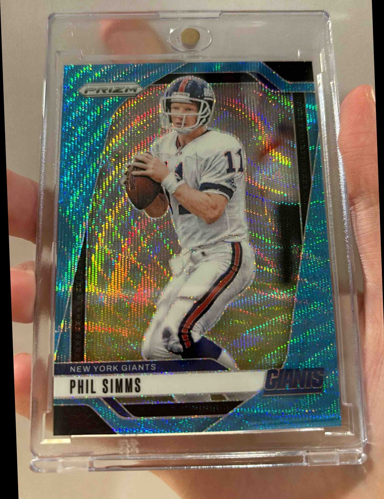 Card image for 2024 Panini Football Prizm Phil Simms Blue Wave /230 #218 New York Giants