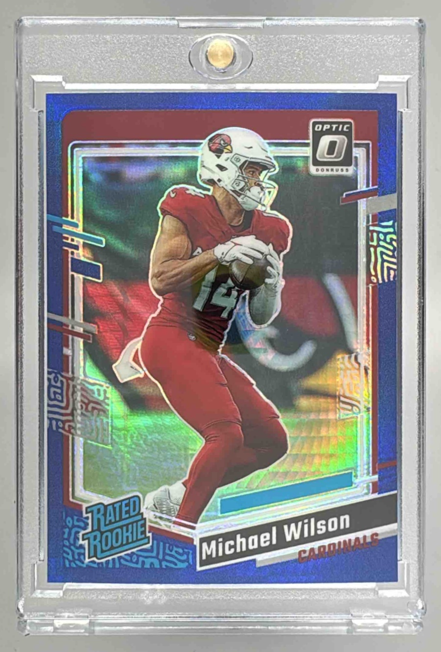 Card image for 2023 Panini Donruss Optic Michael Wilson Blue Hyper Prizm #204 RC Rated Rookie Cardinals