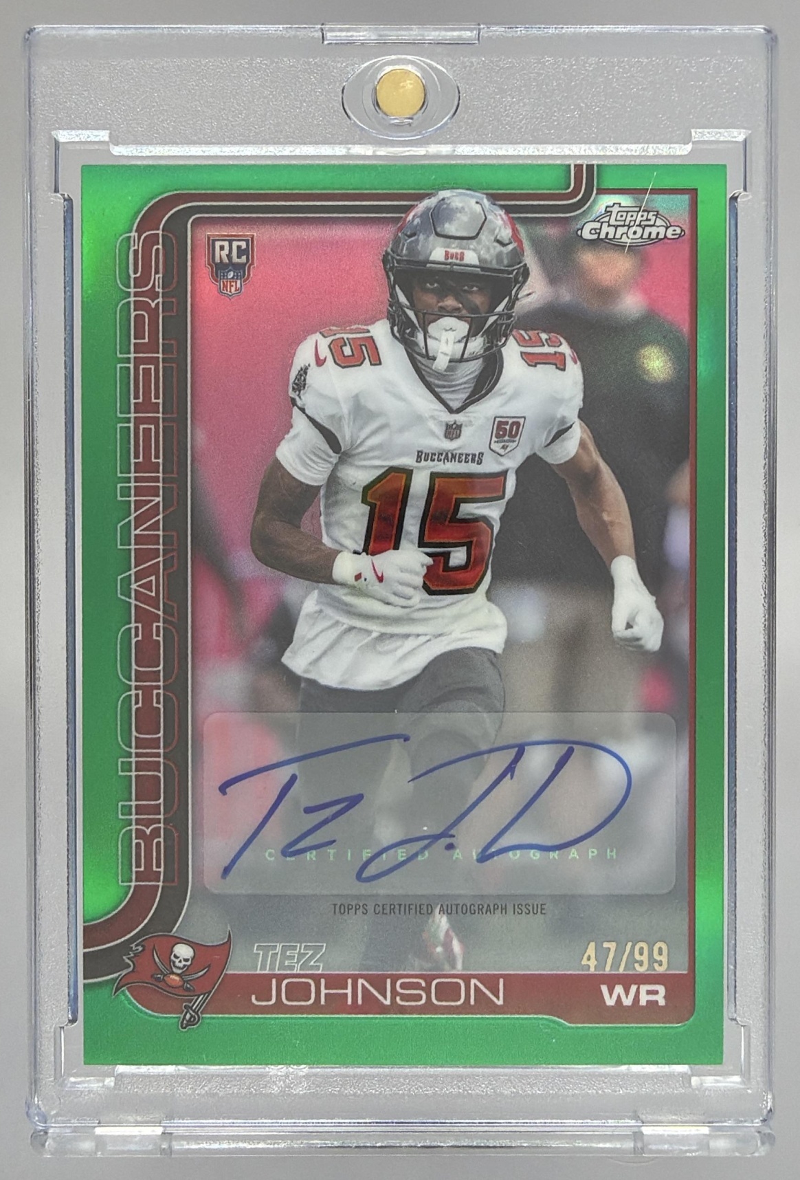 Card image for 2025 Topps Chrome Tez Johnson Rookie Auto Green Lava Refractor /99 #RA-TJ RC Buccaneers