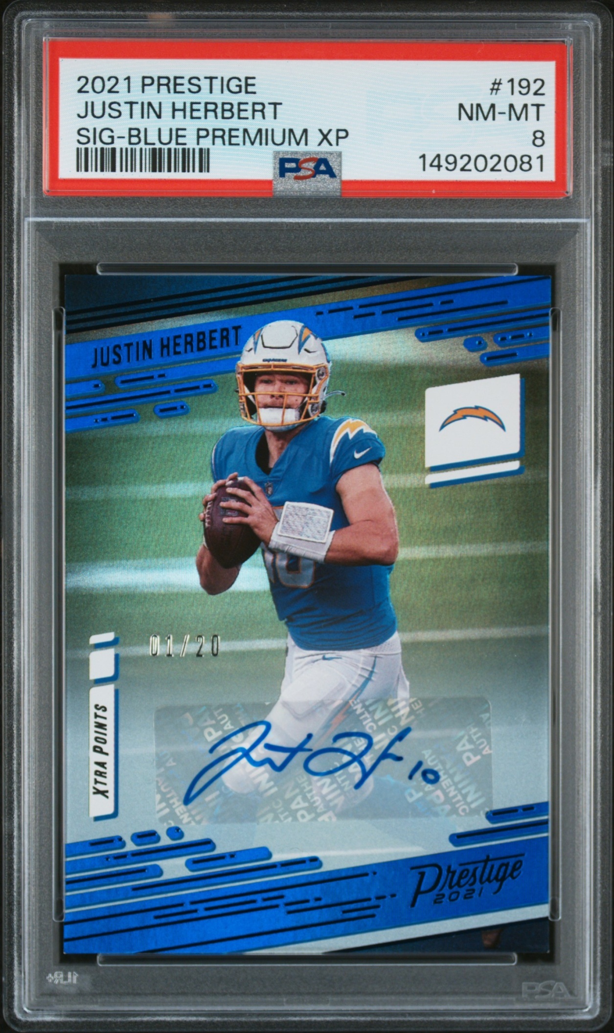 Card image for 2021 Panini Prestige Justin Herbert Xtra Points Signatures Blue /20 #192 Auto Chargers PSA 8