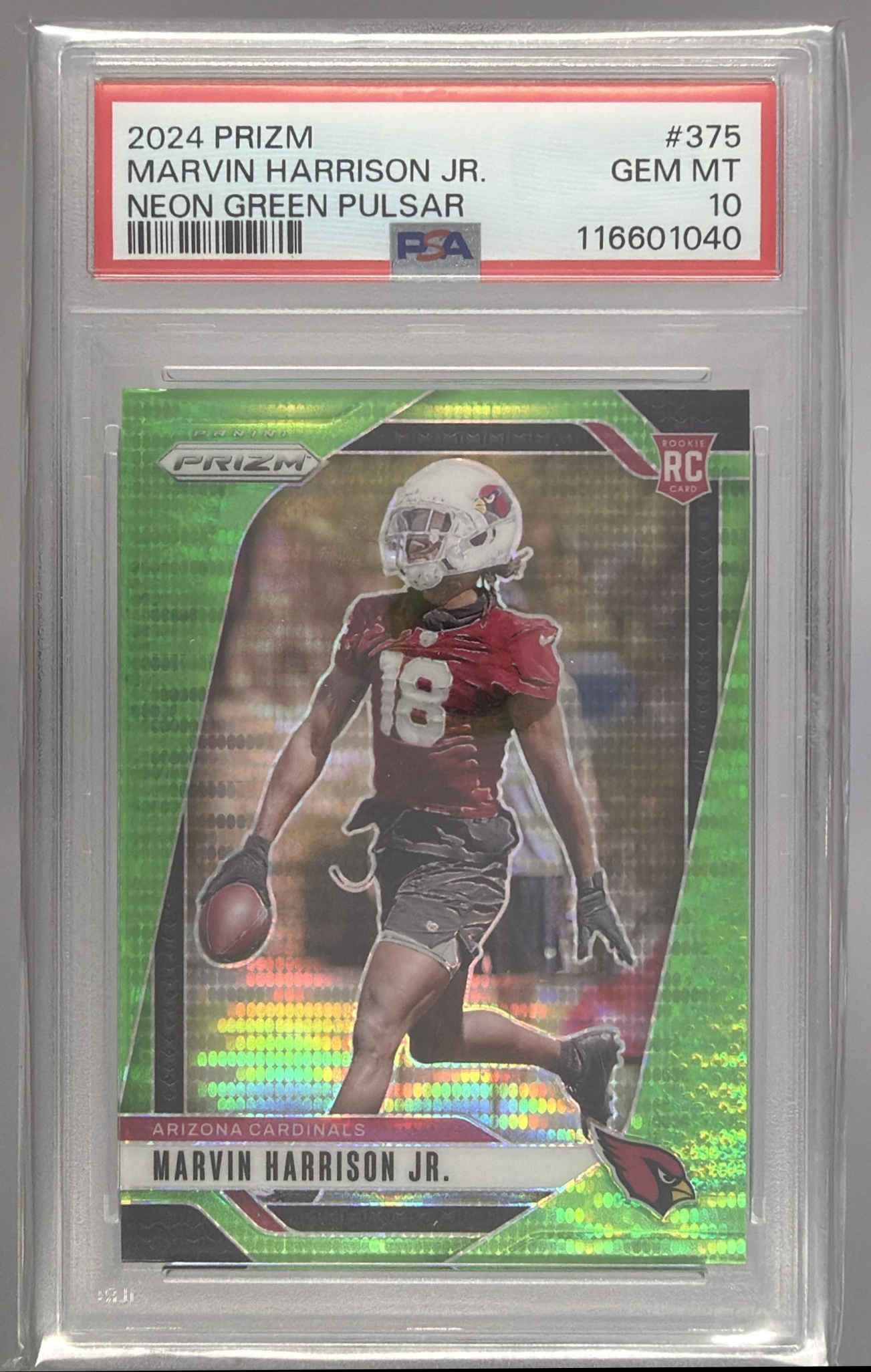 Card image for 2024 Panini Prizm Marvin Harrison Jr. Neon Green Pulsar #375 RC Cardinals