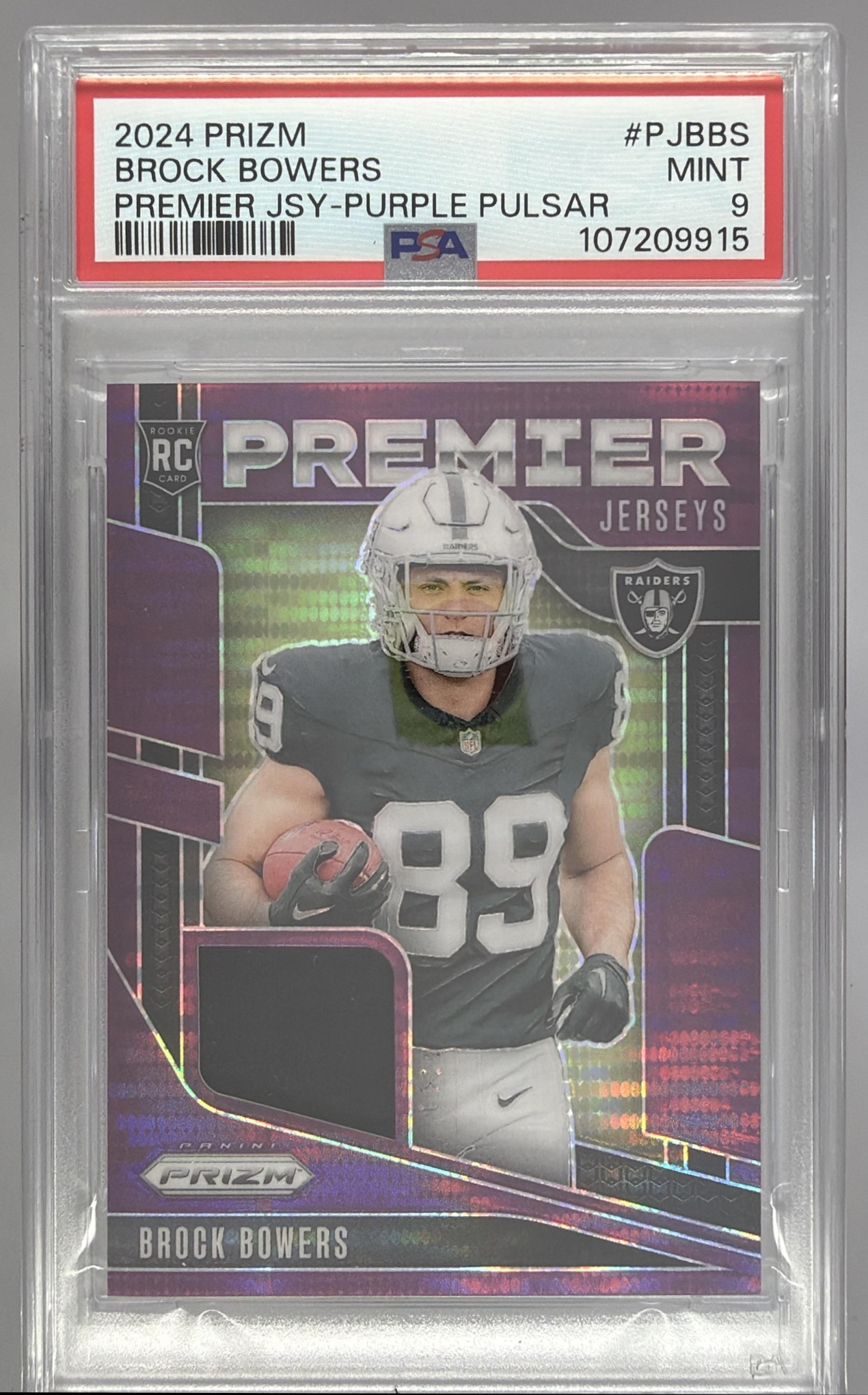Card image for 2024 Panini Prizm Brock Bowers Premier Jerseys Neon Green Pulsar #PJ-BBS MEM RC Raiders