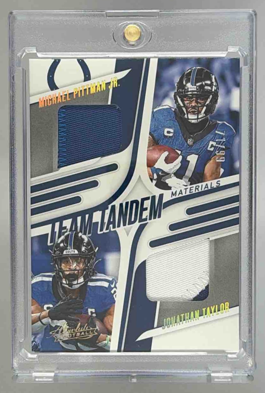 Card image for 2025 Panini Absolute Michael Pittman Jr. Jonathan Taylor Team Tandem Materials Gold /99 #TTM-IND Colts